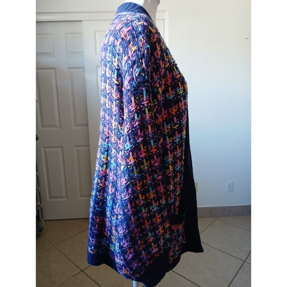 &merci Navy Multicolor Knit Cardigan Sweater Open Front Pockets Size S - Picture 4 of 16